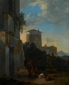Italská vesnická ulice s koněm, kozami a mužem na oslu od Adriaen van der Cabel