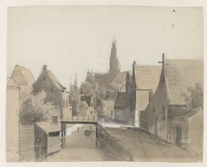 Pohled na kanál v Haarlemu, v pozadí St. Bavo Haarlem (název na objektu)