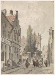 Panoráma města s podomním obchodníkem od Adrianus Eversen