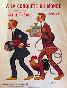 Plakát o bratrech Patheových: „A la conquete du monde““ Charles Pathe a jeho bratr Emile s gramofony a projektory. Ilustrace Adrien Barrere (1877-1931) Paříž 20. století, knihovna Arsenalu