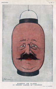 Robert Pelleve de La Motte-Ango (Motte Ango), markýz de Flers, francouzský dramatik (1872-1927). (První lucerna akademie). Cartoon od Barrere ve „“Fantasio““ z června 1921. od Adrien Barrere