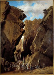 Francouzská kolonizace Alžírska: “”průchod Železné brány v Alžírsku 28. 10. 1839”” Francouzská výprava, které v roce 1839 velel vévoda z Orleansu, překračuje průjezd Bibanů. Obraz Adriena Dauzatse (1804-1868) 1869 Sun. 1,46x1,05 m Orlea