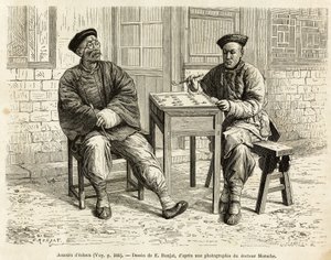 šachisté. Rytina podle kresby A. Marie, pro ilustraci plavby do Pekinu a severní Číny, od T.Choutze, v roce 1873, publikovaná v “”Le tour du monde””” 1876, editoval Edouard Charton, vydání Hachette, Paříž. Kolekce Selva. od Adrien Emmanuel Marie