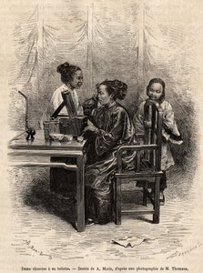 Číňanka má svůj záchod. Rytina podle kresby A. Marie, pro ilustraci plavby do Pekinu a severní Číny, od T.Choutze, v roce 1873, publikovaná v “”Le tour du monde””” 1876, editoval Edouard Charton, vydání Hachette, Paříž. Kolekce Selva. od Adrien Emmanuel Marie