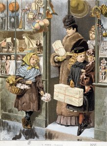Chudinka prodávající malé kytičky u východu z hračkářství, kde vycházejí bohatí lidé (nakupovat na Vánoce?) - kresba Adrien Marie od Adrien Emmanuel Marie