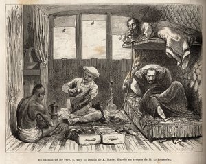 Interiér lůžkového vagónu East Indian Railway na trase do Azimgange ve velkém kupé, odnímatelné lůžko a umývárna, stejně jako personál vozu, který dohlíží na pohodlí cestujících, k dispozici voskovky, připravit horké d od Adrien Emmanuel Marie
