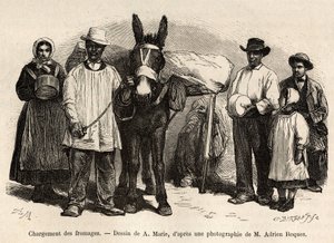 Nakládání sýrů na hřbet muly směrem ke sklepům Roquefortu, rytina podle kresby A. Marie, ilustrující cestu do Roquefortu a jeho okolí, od Adriena Roquese a Julese Chartona, v roce 1874, publikovaná v „“ Le tour du monde””” od Adrien Emmanuel Marie