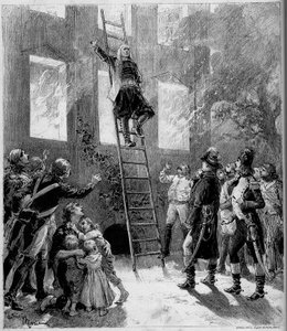 Divadelní ztvárnění: "" Devadesát tři "" ("Devadesát tři") od Paula Meurice (1818-1905) od Victora Huga (1802-1885). Požár Tourgue (10. obraz): markýz de Lantenac, poté, co zachránil životy dětí Flecharde, si dává t od Adrien Emmanuel Marie