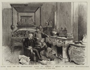 Victor Hugo a jeho vnuci Jeanne a Georges, skica v básníkově pracovně a ložnici od Adrien Emmanuel Marie
