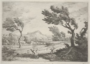 Krajina s cestovateli ve velkém větru, kolem 1753 (lept)