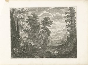 Vodopád s městem v pozadí Čtyři krajiny v Čechách (název série) od Aegidius Sadeler (II) (attributed to)
