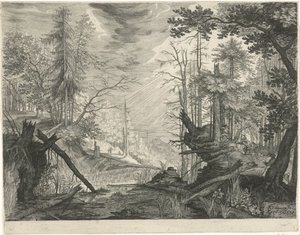 Tři lovci u řeky v lese Horské krajiny z Tyrolska (název série) od Egidius  Sadeler (II)