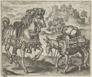 Pohádka o nespokojeném oslu a válečném koni od Egidius  Sadeler (II)