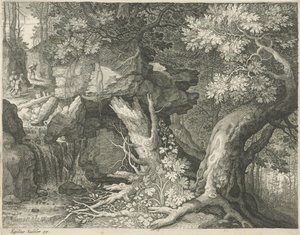 Cestovatelé nad vodopádem Šest krajin (název série) od Egidius  Sadeler (II)