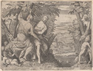 Angelica a Medoro stojí vedle potoka, zatímco Medoro vyřezává jejich jména do tr..., 1590-98.