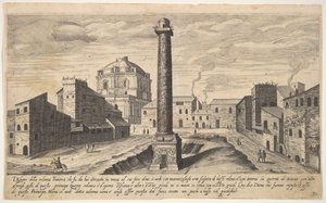 Deska 31: pohled na Trajanův sloup, zobrazený s podstavcem vykopaným ze země, su..., 1606.