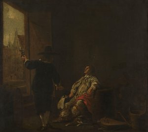 Vývěsní štít vinotéky s ochutnávkou vína na jedné straně a sudováním vína na straně druhé od Aelbert Cuyp (circle of)