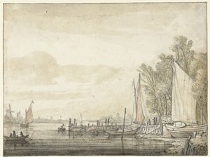 Lodě na molu v řece od Aelbert Cuyp
