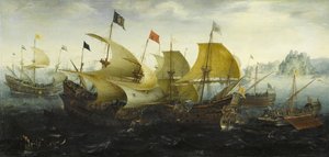 Bitva u Cádizu Holandské a anglické lodě útočí na španělskou armádu, 1608 od Aert Anthonisz