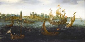 Lodě u pobřeží IJsselmonde od Aert Anthoniszoon