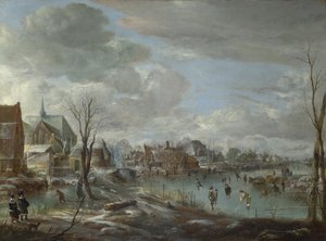 Zamrzlá řeka u vesnice s golfisty a bruslaři, c. 1647-1648 od Aert van der Neer