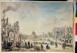 Zimní krajina s bruslaři. Kresba Aerta Van der Neera (1603-1677) od Aert van der Neer