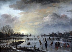 Zimní krajina s bruslaři od Aert van der Neer