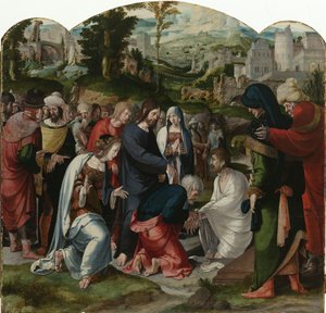 Vzkříšení Lazara, středový panel triptychu, kolem 1530 od Aertgen Claesz van Leyden