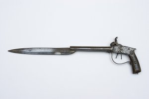 Dvojhlavňová perkusní pistole, cca 1840 (ocel, mosaz a roh)