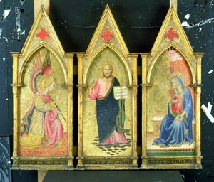 archanděl Gabriel; Kristus Vykupitel; Zvěstování Panny Marie na zlatých zemních panelech, od Agnolo Gaddi