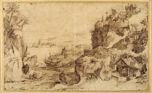 Pohled dolů na opevněný přístav (pero a hnědý inkoust na papíře) od Agostino (attr. to) Carracci