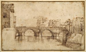 Isola Tiberina, Řím (pero a hnědý inkoust na papíře) od Agostino (attr. to) Carracci