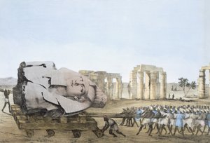 Režim, ve kterém byla odstraněna hlava Mladého Memnona, z Desky ilustrující Výzkumy v Egyptě a Núbii, Giovannie Battista Belzoni, Pub. 1822 (barevná litografie)