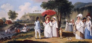 Mulatky na břehu řeky Roseau, Dominika,