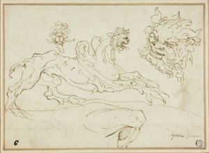 Čtyři skici: Griffin, Groteskní hlava, Hlava satyra, Ohnutá noha od Agostino Carracci