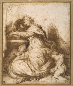 Madonna a dítě se svatým Johnem, všichni spí (pero a hnědý inkoust a hnědé mytí) od Agostino Carracci
