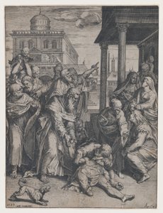 Svatý Pavel zvedá Patrokla, který je na zemi, obklopený skupinou přihlížejících, ..., 1583. od Agostino Carracci