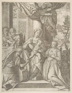 Mystické manželství svaté Kateřiny, která sedí v centru s Kristovým dítětem, anděly s..., 1585. od Agostino Carracci