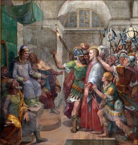 Vášeň: "Kristus před Pilátem Pontským (Pontius Pilatius)" "Freska od Agostina Ciampelliho (1577-1642) 1594-1600 Řím, bazilika Santa Prassede od Agostino Ciampelli