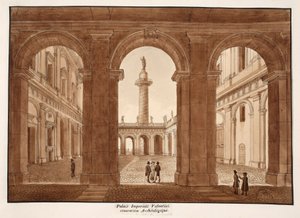 Palazzo Imperiali Valentini. Archeologické restaurování., 1833 (lept s hnědou lazurou) od Agostino Tofanelli