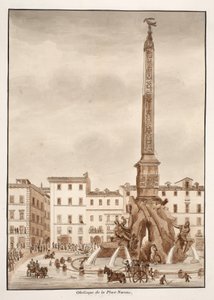 Obelisk na náměstí Piazza Navona, 1833 (lept s hnědým lakem) od Agostino Tofanelli