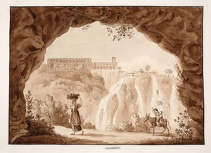 Vodopády v Tivoli, 1833 (lept s hnědou lazurou) od Agostino Tofanelli