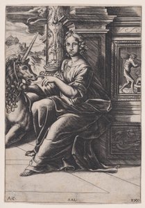 Cudnost, žena sedící, po její pravici jednorožec, c. 1515-30. od Agostino Veneziano