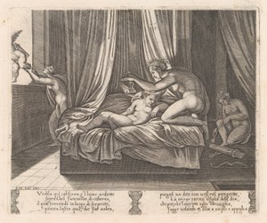 Talíř 13: Psyché při pohledu na Amora, z Příběhu o Amorovi a Psyché, jak jej vyprávěl Apulei..., 1530-60. od Agostino Veneziano