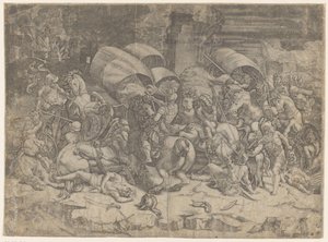 Bitva mezi Římany a Kartaginci, asi 218-201 př.nl. Úder šavlí od Agostino Veneziano