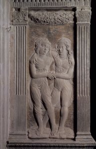 Blíženci reprezentovaní Dvojčaty ze série reliéfů zobrazujících planetární symboly a znamení zvěrokruhu, kolem 1450 (sádra)