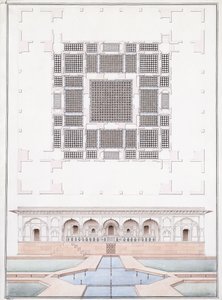 Pohled na jižní průčelí a zahradní palác Suraj Bhawan at Dig, kolem roku 1830 (tužka, pero a šedý inkoust a akvarel)