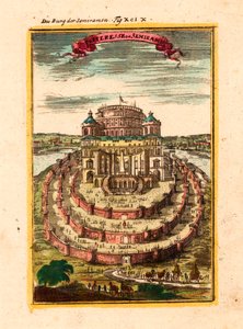 Pevnost a visuté zahrady legendární královny Semiramis v Babylonu - Pevnost Semiramis - mědirytina a akvarel od Alaina Manessona Malleta (1630-1706)