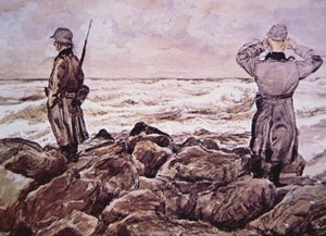 Dva Němci na pobřeží Francie se v předvečer tažení do Normandie dívají směrem k Anglii od Alban (after) Wolf