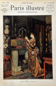 Čínské cetky Evropanka oblečená v Orientale pozoruje svůj výběr čínských předmětů. Ilustrace Albert Aublet (1851-1938). Rytina z roku 1887 v týdeníku Paris-Illustrous journal.